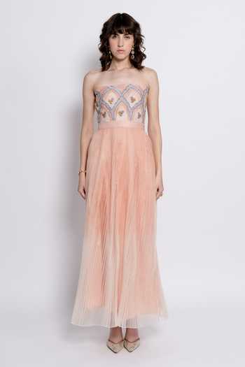 Shop_love, Kiki_Peach Silk Organza, Shantoon Embroidery, Beads Elowen Floral Strapless Gown _at_Aza_Fashions