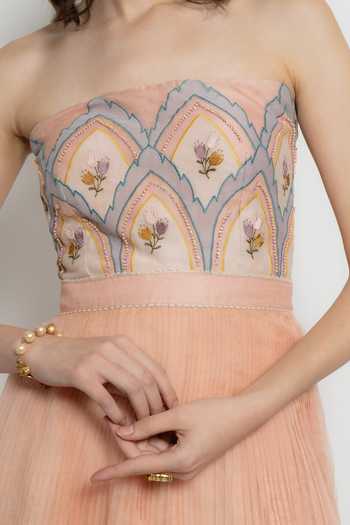 Buy_love, Kiki_Peach Silk Organza, Shantoon Embroidery, Beads Elowen Floral Strapless Gown _Online_at_Aza_Fashions