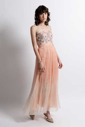 Shop_love, Kiki_Peach Silk Organza, Shantoon Embroidery, Beads Elowen Floral Strapless Gown _Online_at_Aza_Fashions
