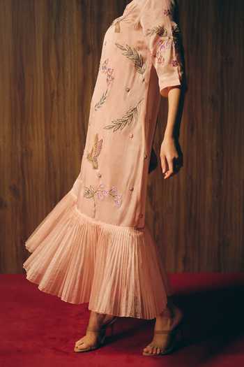 love, Kiki_Pink Organza, Satin High Neck Magnolia Bloom Embroidered Dress _Online_at_Aza_Fashions