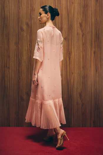 Shop_love, Kiki_Pink Organza, Satin High Neck Magnolia Bloom Embroidered Dress _at_Aza_Fashions