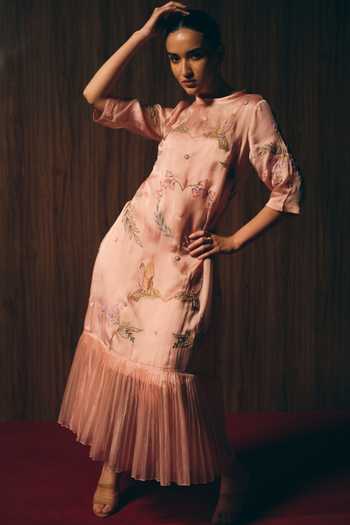 Buy_love, Kiki_Pink Organza, Satin High Neck Magnolia Bloom Embroidered Dress _at_Aza_Fashions