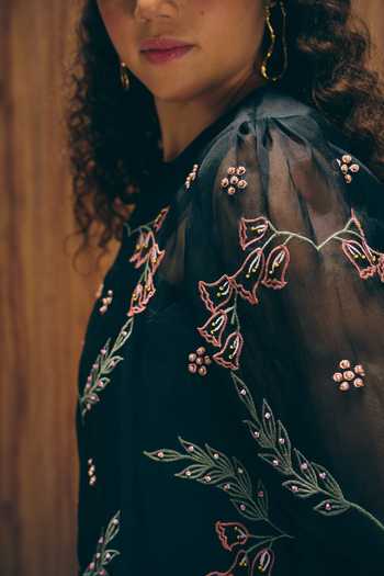 love, Kiki_Black Organza, Silk Organza, Cotton Satin Moonflower Embroidered Short Dress _Online_at_Aza_Fashions