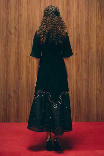 Shop_love, Kiki_Black Crepe, Silk Organza Embroidery, Pearls Scoop Midnight Magnolia Bird Gown _at_Aza_Fashions
