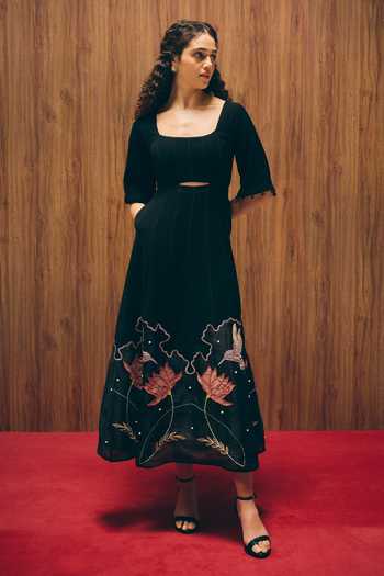 Buy_love, Kiki_Black Crepe, Silk Organza Embroidery, Pearls Scoop Midnight Magnolia Bird Gown _at_Aza_Fashions
