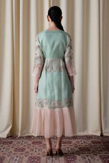 Shop_love, Kiki_Peach Silk Organza V-neck Elota Lotus Hand Embroidered Dress _at_Aza_Fashions