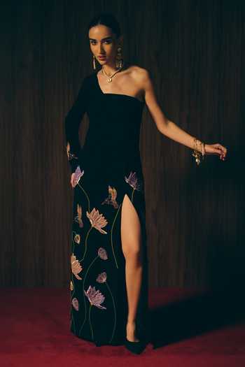 love, Kiki_Black Crepe Embroidery One Shoulder Starlight Gown _Online_at_Aza_Fashions