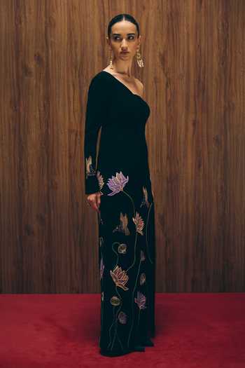 love, Kiki_Black Crepe Embroidery One Shoulder Starlight Gown _at_Aza_Fashions