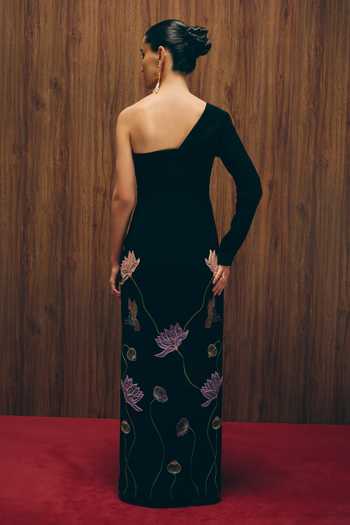 Shop_love, Kiki_Black Crepe Embroidery One Shoulder Starlight Gown _at_Aza_Fashions