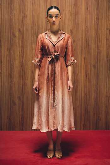 Buy_love, Kiki_Rust Silk, Linen, Cotton Satin Collared Rosewood Grape Vine Embroidered Dress _Online_at_Aza_Fashions