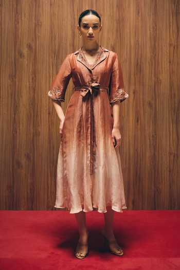 Buy_love, Kiki_Rust Silk, Linen, Cotton Satin Collared Rosewood Grape Vine Embroidered Dress _at_Aza_Fashions