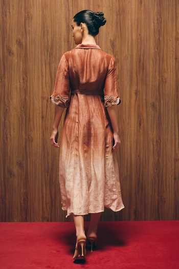 Shop_love, Kiki_Rust Silk, Linen, Cotton Satin Collared Rosewood Grape Vine Embroidered Dress _at_Aza_Fashions