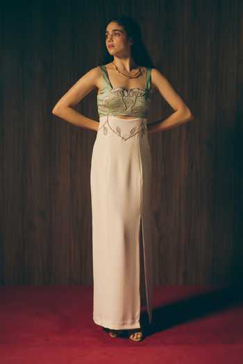 Shop_love, Kiki_Green Crepe, Satin Embroidery Square Neck Sage Silken Hand Gown _Online_at_Aza_Fashions
