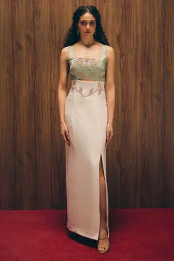Buy_love, Kiki_Green Crepe, Satin Embroidery Square Neck Sage Silken Hand Gown _at_Aza_Fashions