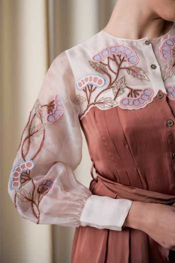 Shop_love, Kiki_Brown Organza, Satin, Silk Organza, Cotton Rustwood Grape Embroidered Yoke Dress _Online_at_Aza_Fashions