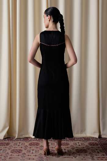 Shop_love, Kiki_Black Organza, Cotton Satin High Neck Starry Butta Embroidered Dress _at_Aza_Fashions