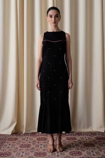 Buy_love, Kiki_Black Organza, Cotton Satin High Neck Starry Butta Embroidered Dress _Online_at_Aza_Fashions