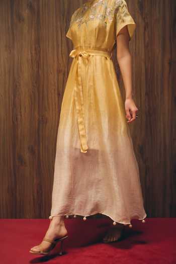 love, Kiki_Yellow Satin, Linen Round Neck Florien Golden Ombre Dress _Online_at_Aza_Fashions