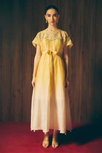 Buy_love, Kiki_Yellow Satin, Linen Round Neck Florien Golden Ombre Dress _at_Aza_Fashions