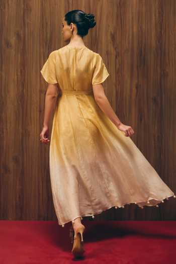 Shop_love, Kiki_Yellow Satin, Linen Round Neck Florien Golden Ombre Dress _at_Aza_Fashions