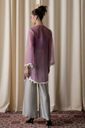Shop_love, Kiki_Purple Silk Organza, Cotton , Sheer Embroidered Tunic And Pant Set _at_Aza_Fashions