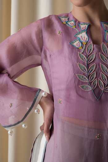Buy_love, Kiki_Purple Silk Organza, Cotton , Sheer Embroidered Tunic And Pant Set _Online_at_Aza_Fashions