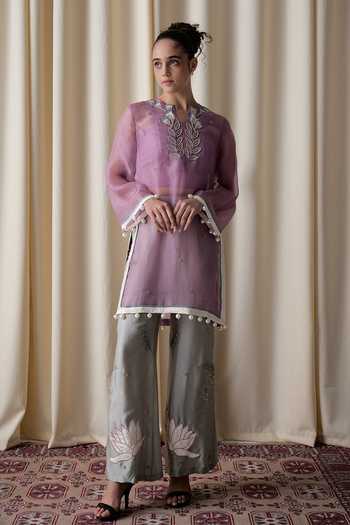 Buy_love, Kiki_Purple Silk Organza, Cotton , Sheer Embroidered Tunic And Pant Set _at_Aza_Fashions