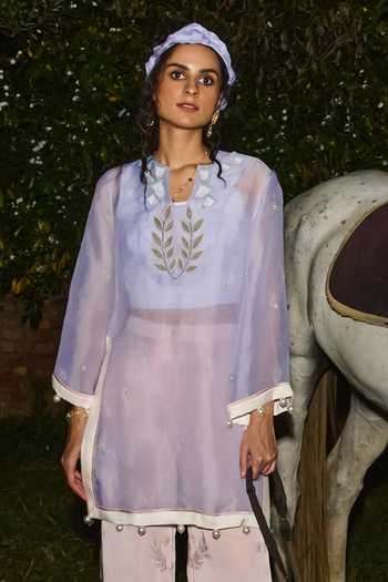 Buy_love, Kiki_Blue Satin, Silk Organza Split V-neck, Yes Embroidered Sheer Tunic And Pant Set _Online_at_Aza_Fashions