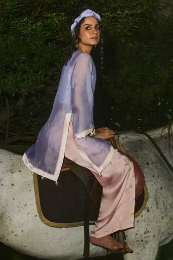 Shop_love, Kiki_Blue Satin, Silk Organza Split V-neck, Yes Embroidered Sheer Tunic And Pant Set _Online_at_Aza_Fashions