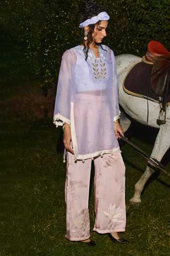 Shop_love, Kiki_Blue Satin, Silk Organza Split V-neck, Yes Embroidered Sheer Tunic And Pant Set _at_Aza_Fashions