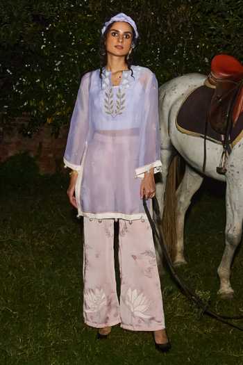 Buy_love, Kiki_Blue Satin, Silk Organza Split V-neck, Yes Embroidered Sheer Tunic And Pant Set _at_Aza_Fashions