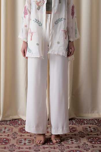 Buy_love, Kiki_Ivory Cotton, Organza, Crepe, Satin Wildflower Embroidered Jacket And Pant Set _Online_at_Aza_Fashions
