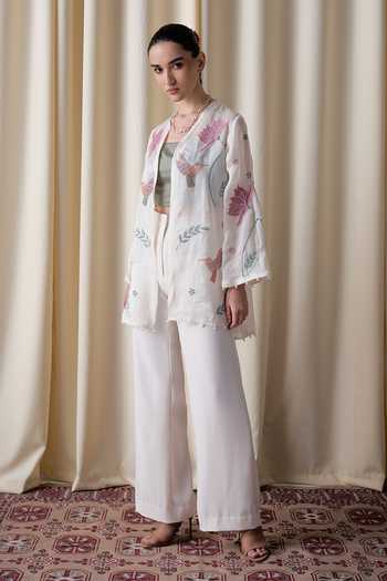 Buy_love, Kiki_Ivory Cotton, Organza, Crepe, Satin Wildflower Embroidered Jacket And Pant Set _at_Aza_Fashions