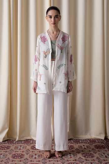 Shop_love, Kiki_Ivory Cotton, Organza, Crepe, Satin Wildflower Embroidered Jacket And Pant Set _Online_at_Aza_Fashions