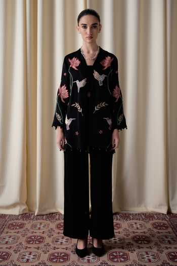 Buy_love, Kiki_Black Organza, Crepe, Cotton Satin, Wildflower Embroidered Jacket And Trouser Set _at_Aza_Fashions