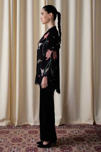 Shop_love, Kiki_Black Organza, Crepe, Cotton Satin, Wildflower Embroidered Jacket And Trouser Set _Online_at_Aza_Fashions