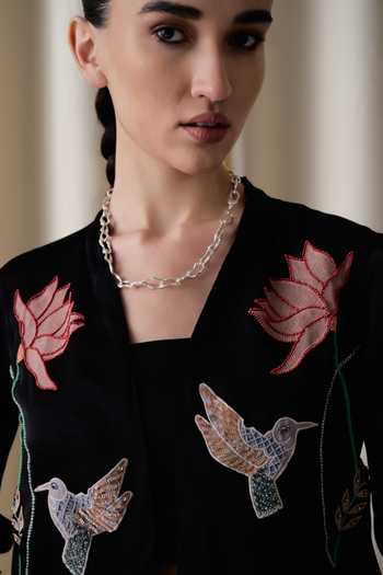 love, Kiki_Black Organza, Crepe, Cotton Satin, Wildflower Embroidered Jacket And Trouser Set _at_Aza_Fashions
