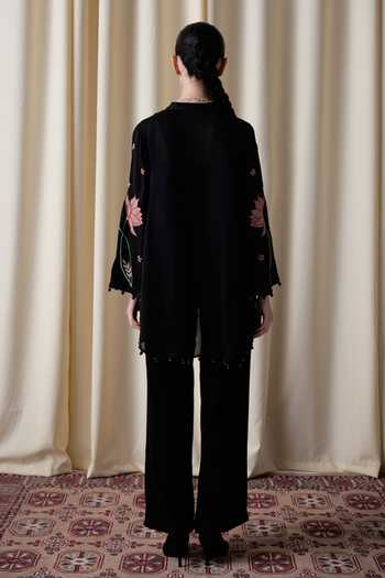 Shop_love, Kiki_Black Organza, Crepe, Cotton Satin, Wildflower Embroidered Jacket And Trouser Set _at_Aza_Fashions