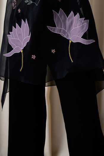 love, Kiki_Black Crepe, Silk Organza Round Nightfall Lotus Embroidered Tunic And Pant Set _Online_at_Aza_Fashions