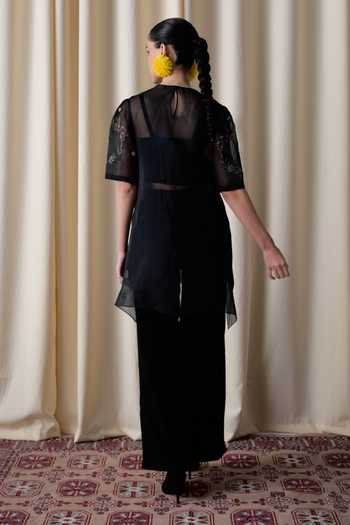 Shop_love, Kiki_Black Crepe, Silk Organza Round Nightfall Lotus Embroidered Tunic And Pant Set _at_Aza_Fashions