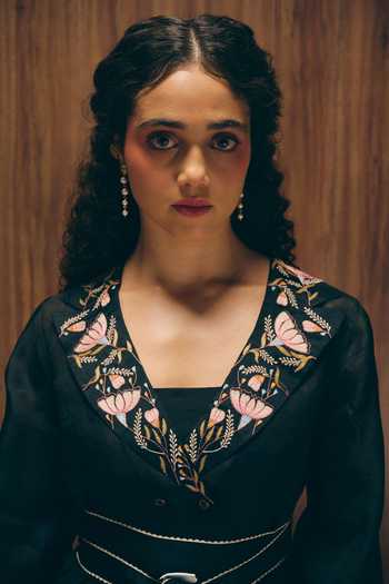 love, Kiki_Black , Organza, Crepe, Midnight Bloom Jacket And Ombre Pleated Skirt Set _Online_at_Aza_Fashions