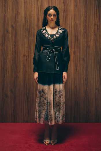 Buy_love, Kiki_Black , Organza, Crepe, Midnight Bloom Jacket And Ombre Pleated Skirt Set _at_Aza_Fashions