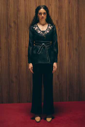Shop_love, Kiki_Black Silk Organza, Cotton Satin Midnight Bloom Embroidered Jacket And Pant Set _at_Aza_Fashions