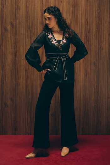 Shop_love, Kiki_Black Silk Organza, Cotton Satin Midnight Bloom Embroidered Jacket And Pant Set _Online_at_Aza_Fashions