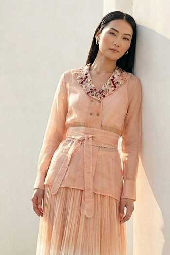 love, Kiki_Peach Organza Shawl Neck Blush Bloom Jacket And Ombre Pleated Skirt Set _Online_at_Aza_Fashions