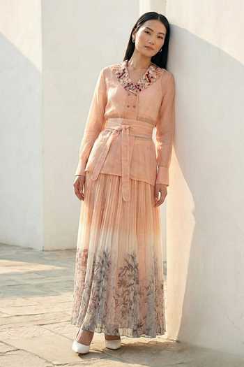 Buy_love, Kiki_Peach Organza Shawl Neck Blush Bloom Jacket And Ombre Pleated Skirt Set _at_Aza_Fashions