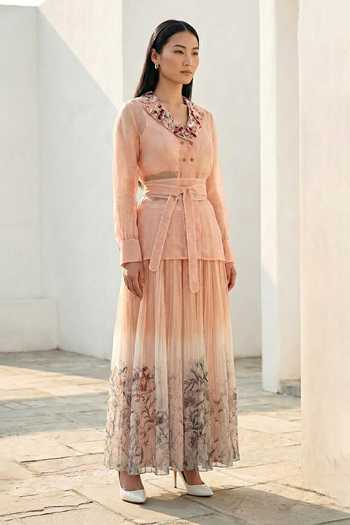 Buy_love, Kiki_Peach Organza Shawl Neck Blush Bloom Jacket And Ombre Pleated Skirt Set _Online_at_Aza_Fashions