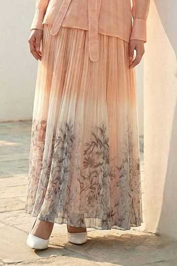 Shop_love, Kiki_Peach Organza Shawl Neck Blush Bloom Jacket And Ombre Pleated Skirt Set _Online_at_Aza_Fashions