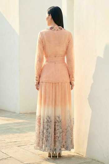 Shop_love, Kiki_Peach Organza Shawl Neck Blush Bloom Jacket And Ombre Pleated Skirt Set _at_Aza_Fashions