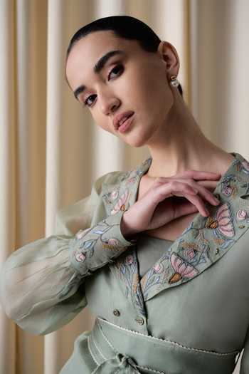 love, Kiki_Green Organza V-neck Daylight Blossom Jacket And Ombre Pleated Skirt Set _Online_at_Aza_Fashions
